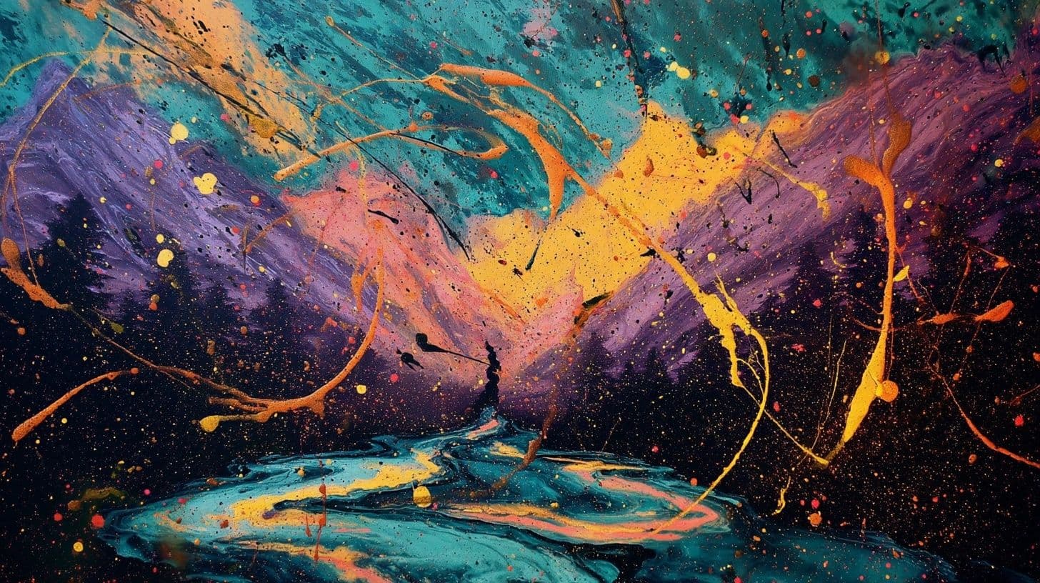 Abstract paint splatter — teals, purples, ambers colliding